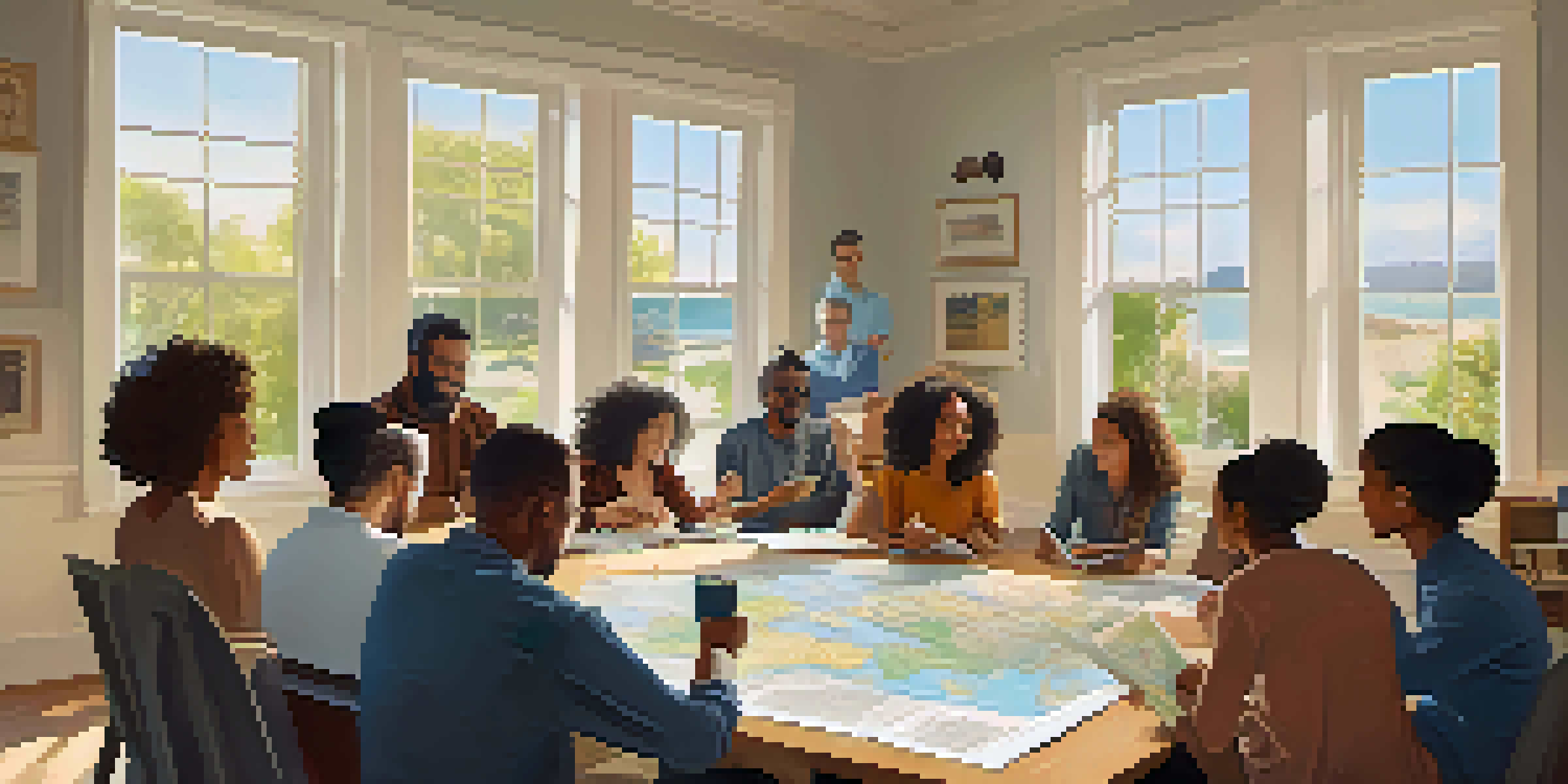 A group of people planning a trip together at a large table filled with maps and brochures, with sunlight pouring in through a window.