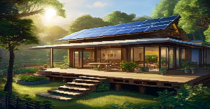 An eco-friendly hotel with solar panels and a vegetable garden, bathed in golden sunlight.