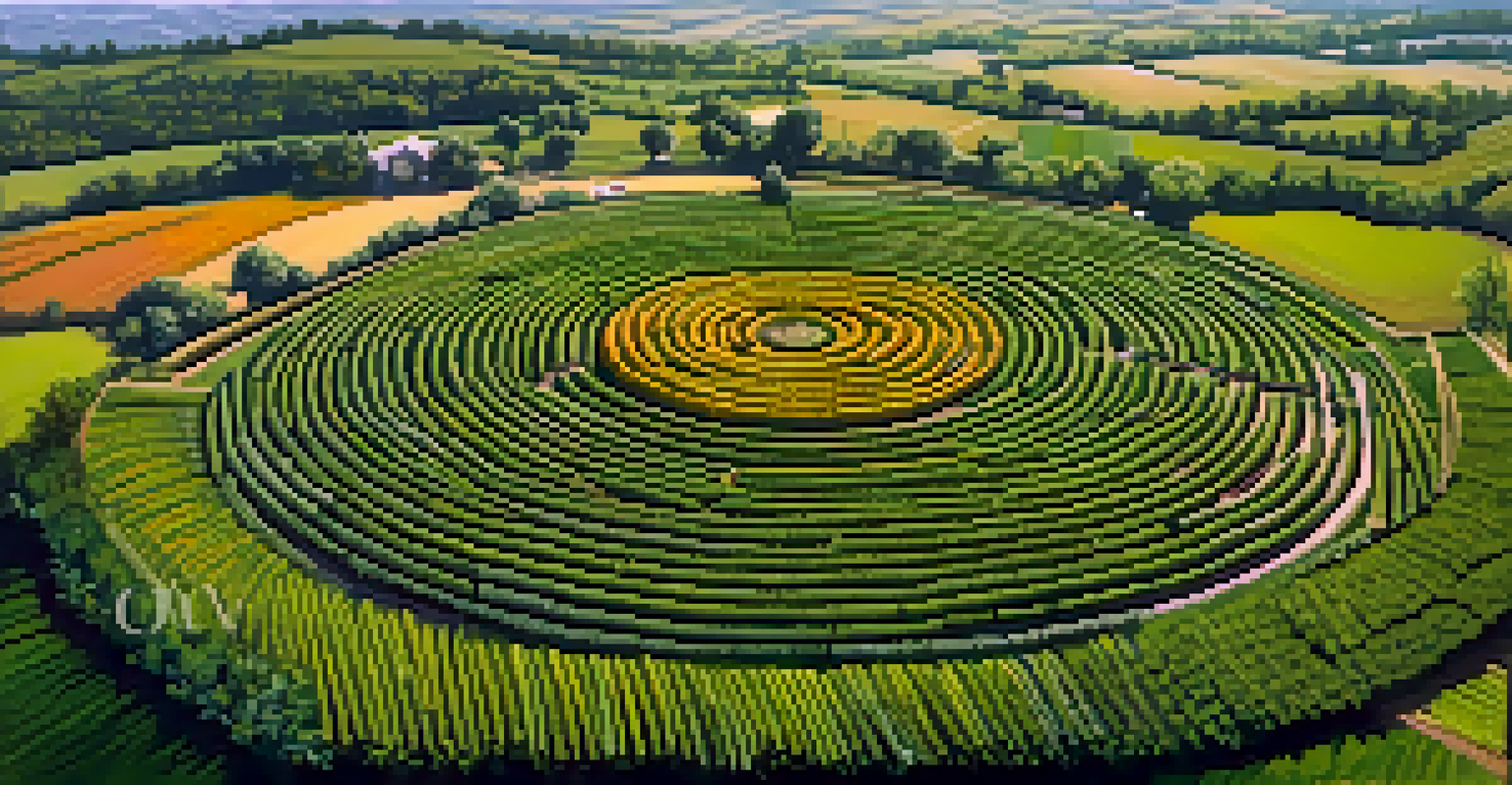 Aerial view of a Three Sisters agricultural plot with corn, beans, and squash in a circular layout, set against a backdrop of rolling hills and a blue sky.