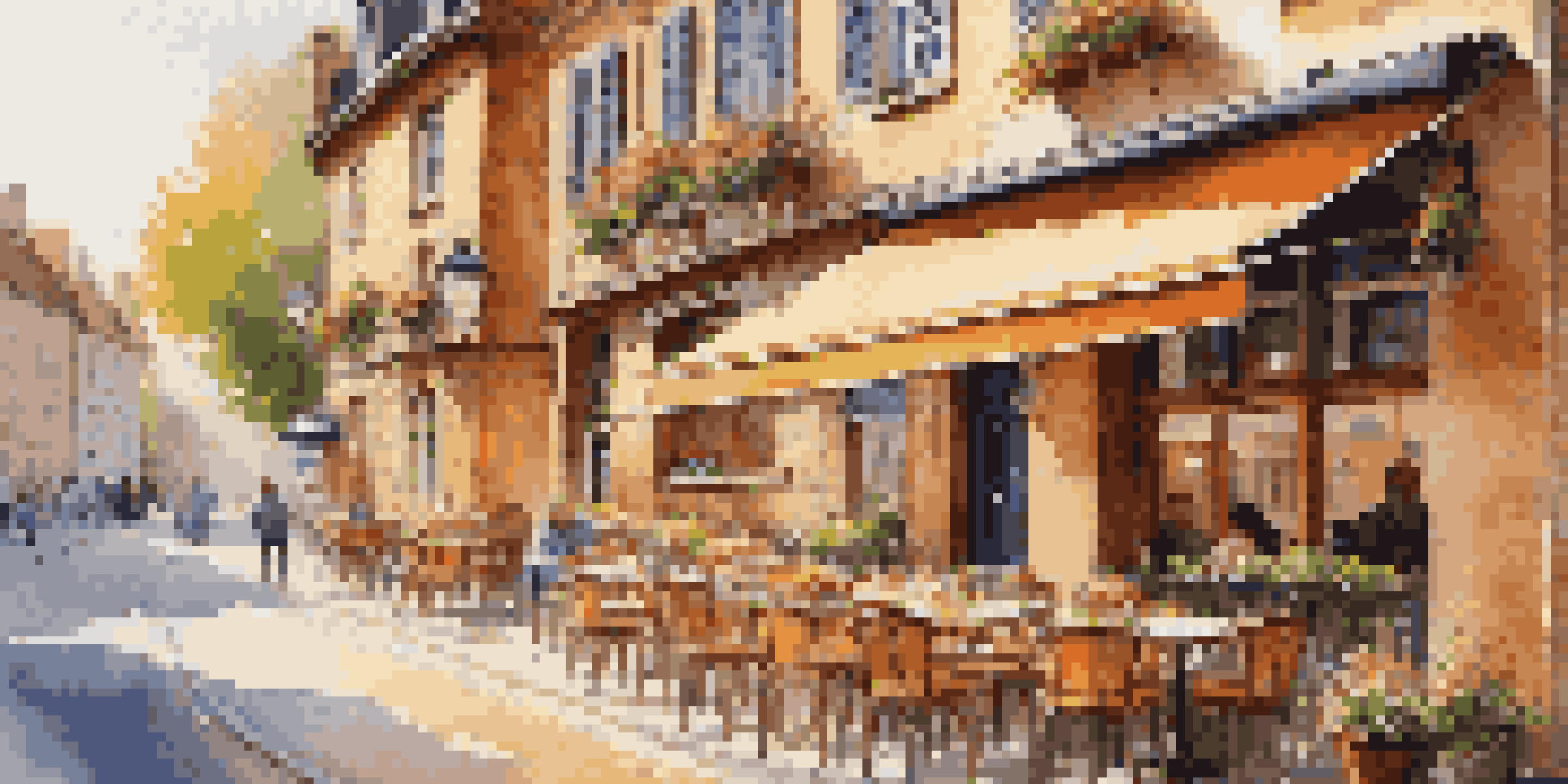 A cozy outdoor café in a European town with flowers, a coffee cup on a wooden table, and a local resident chatting with a tourist under warm sunlight.