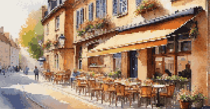 A cozy outdoor café in a European town with flowers, a coffee cup on a wooden table, and a local resident chatting with a tourist under warm sunlight.