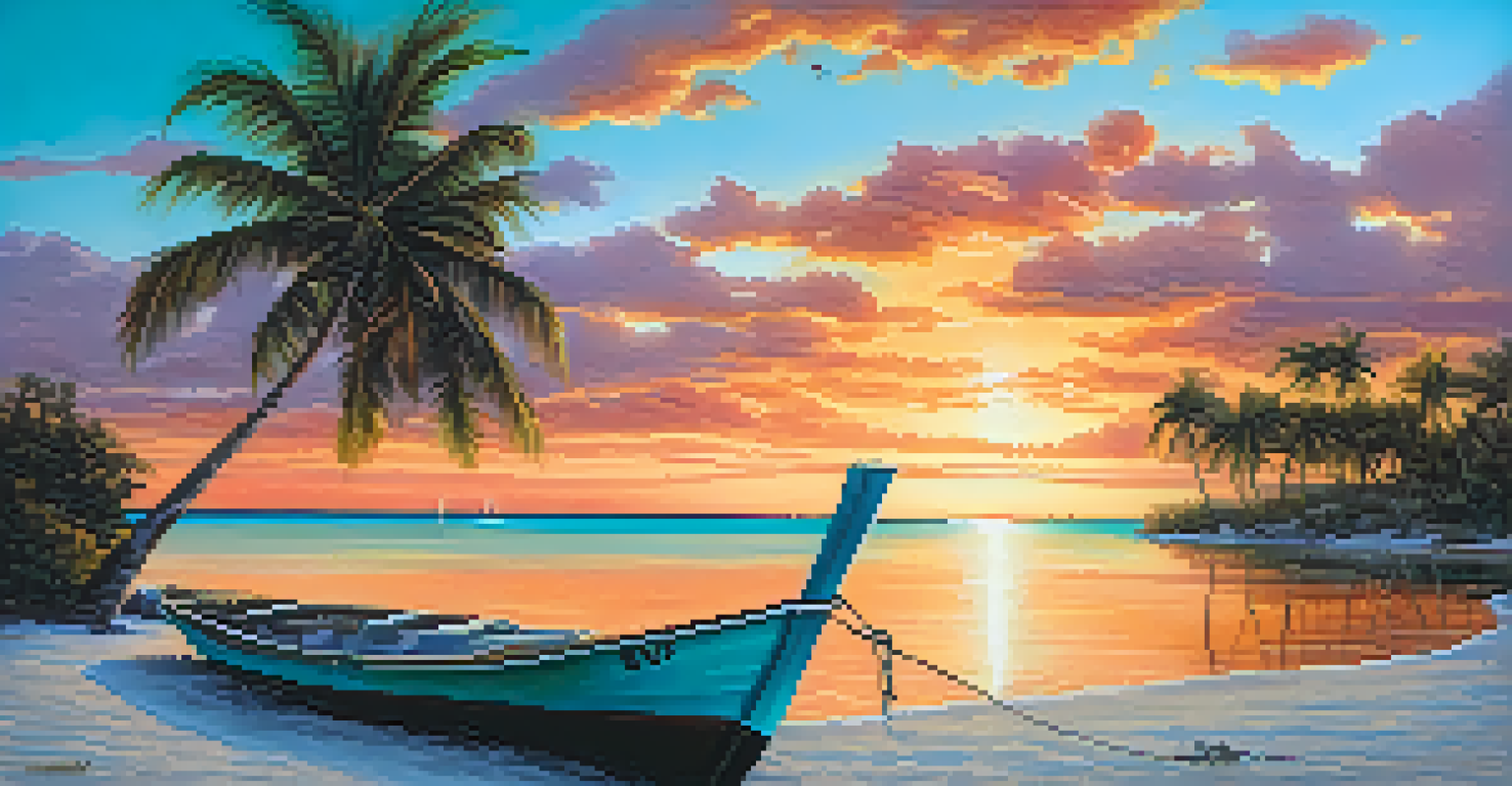 A serene sunset view over the Florida Keys with palm trees, turquoise waters, and a couple on the beach.