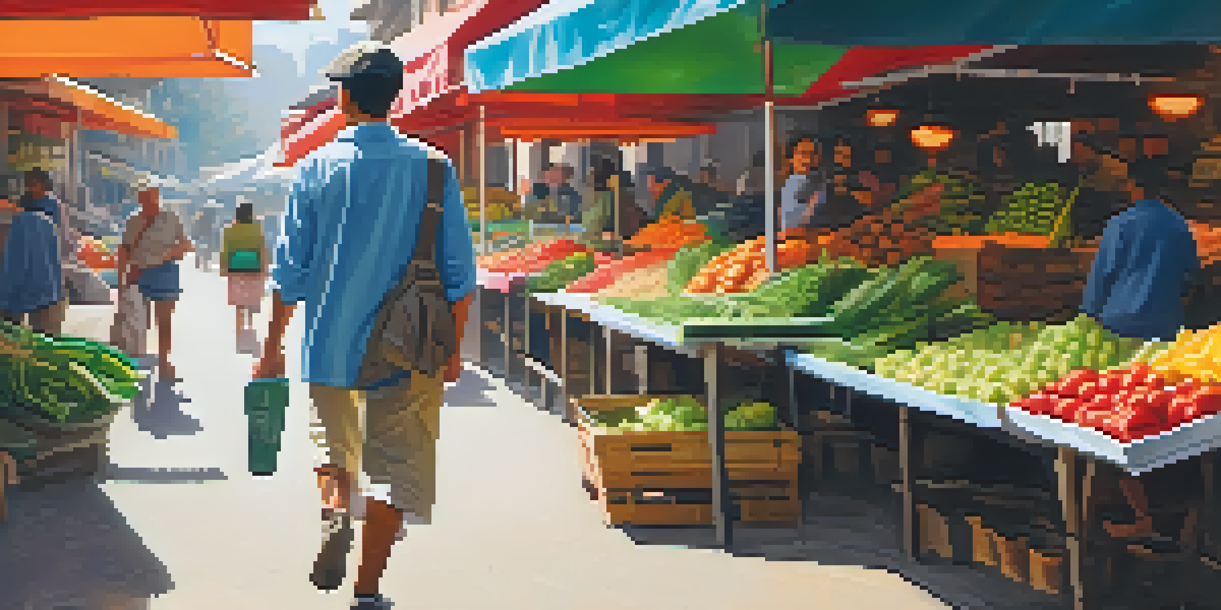 A solo traveler enjoying a vibrant market filled with colorful stalls and sunlight filtering through, wearing casual clothing and carrying a lightweight backpack.