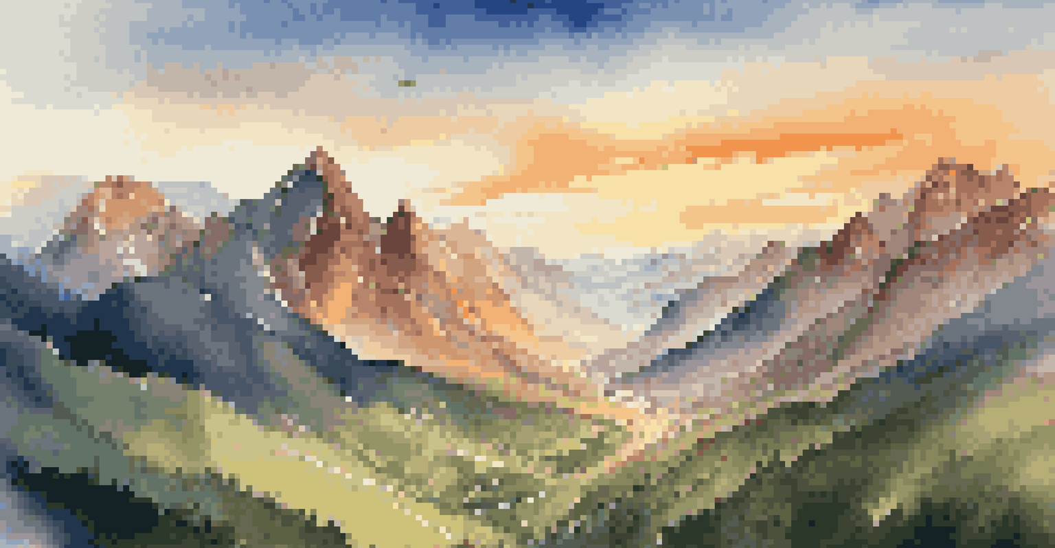 Aerial view of mountain peaks at sunset, highlighting golden light and a lush green valley.