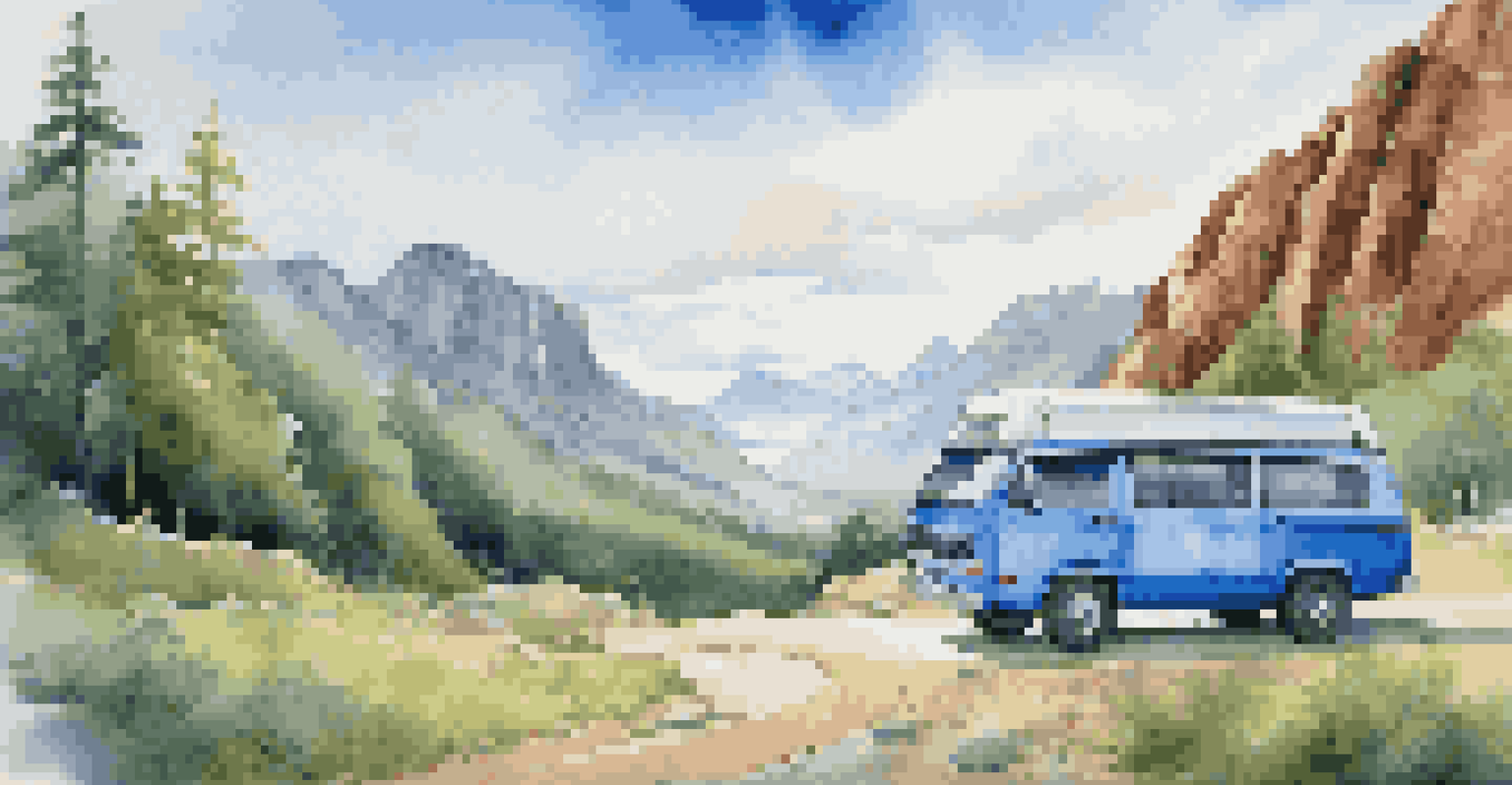 A van parked by a national park with mountains in the background and outdoor gear visible, under a bright blue sky.