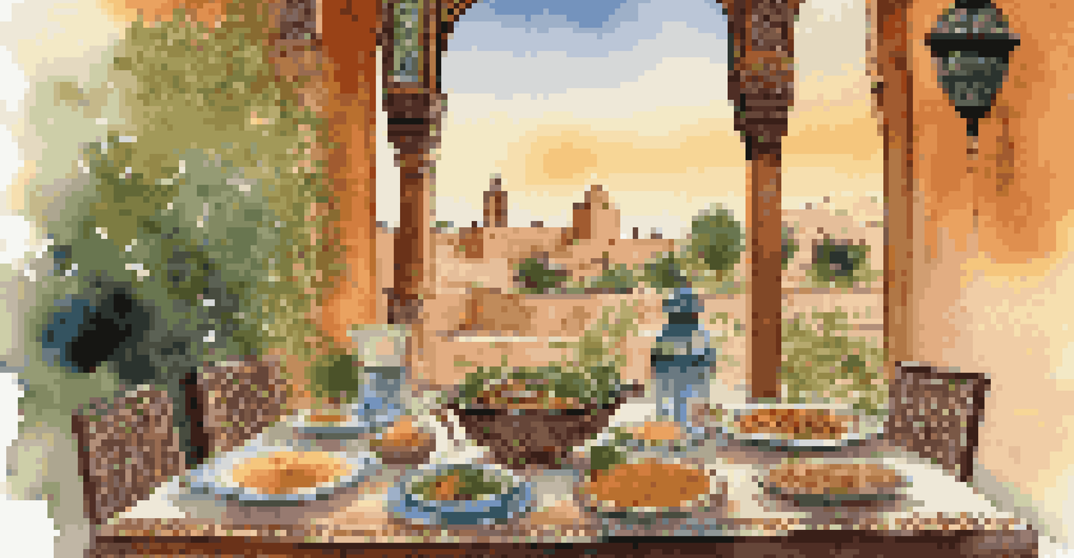 An outdoor dining setup in Marrakech with traditional Moroccan dishes, surrounded by greenery and lanterns.