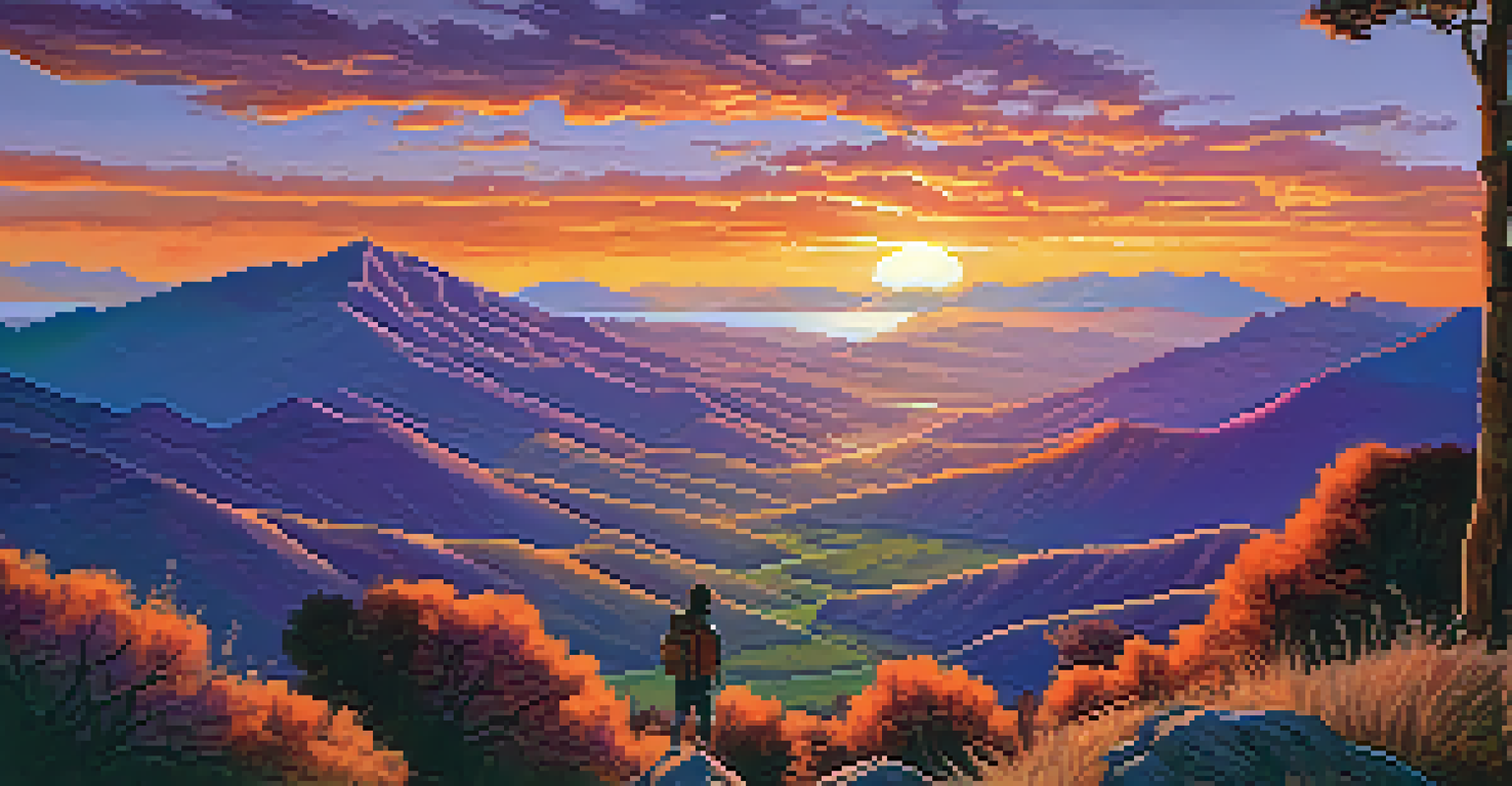 A traveler enjoying a breathtaking sunset view over mountains, with colorful skies and silhouettes.