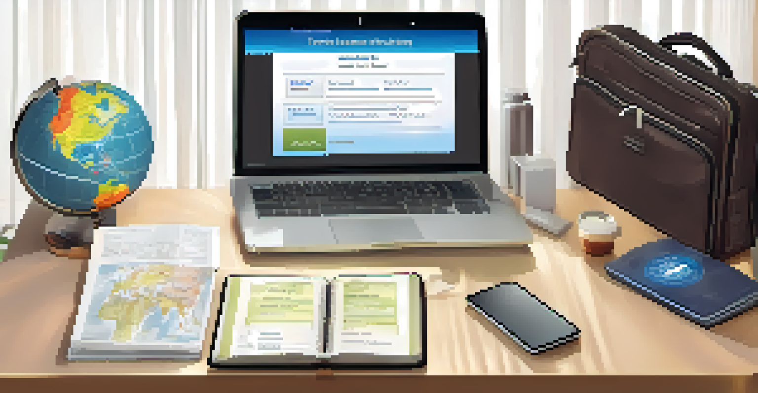 A travel insurance desk with a laptop, smartphone, and travel guidebook, set against a globe and travel bag.