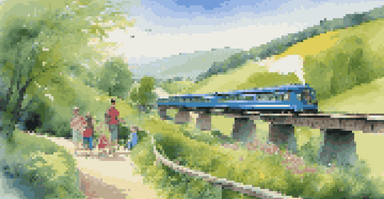 A train traveling through green hills with a family enjoying a picnic nearby, promoting sustainable travel.