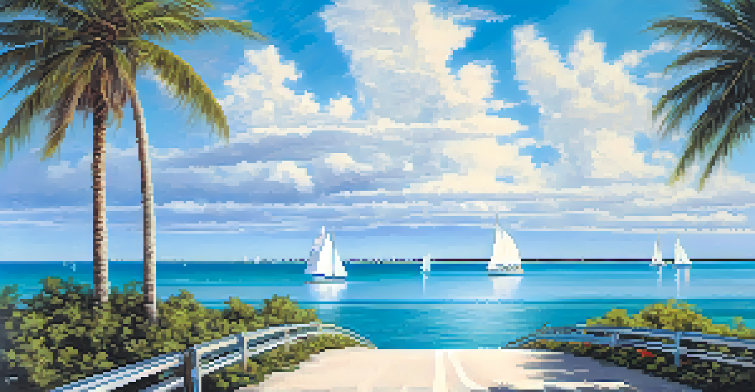 Scenic view of the Florida Keys with the Overseas Highway and turquoise waters, including the Seven Mile Bridge.