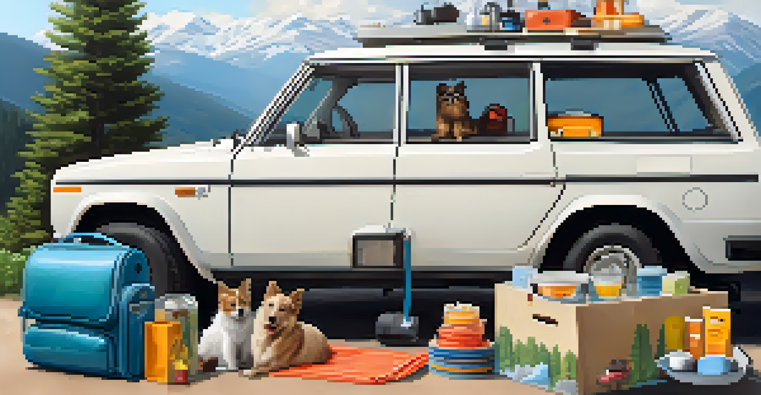 A travel scene displaying a pet carrier and essential items for pets, set against a backdrop of a car and scenic mountains.