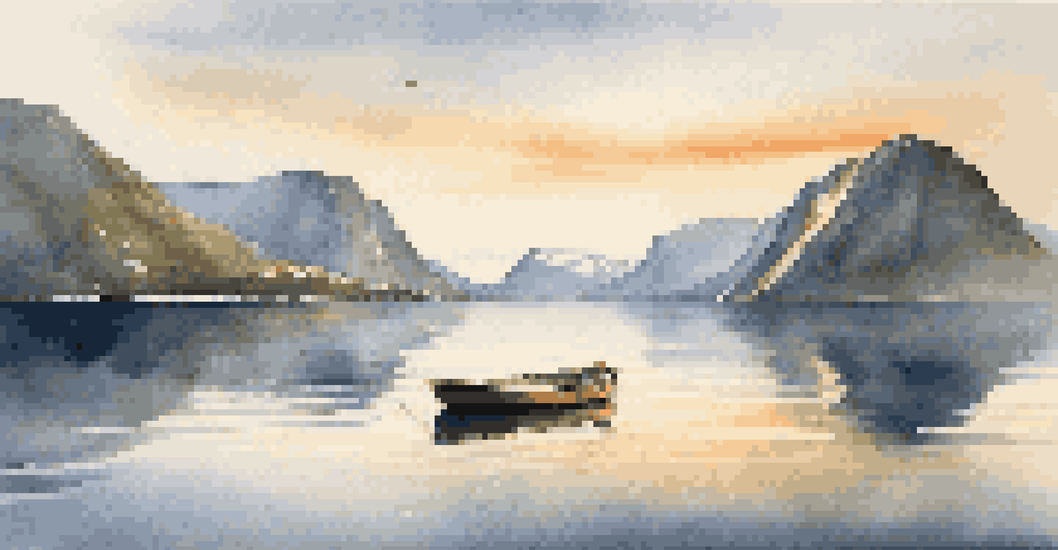 Majestic Norwegian fjords with cliffs, clear waters, and a sunset reflecting on the landscape.