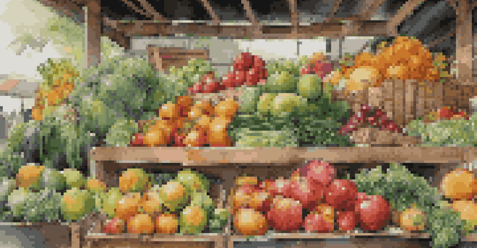 A close-up of a market stall filled with fresh fruits and vegetables, showing vibrant colors and textures under natural light.