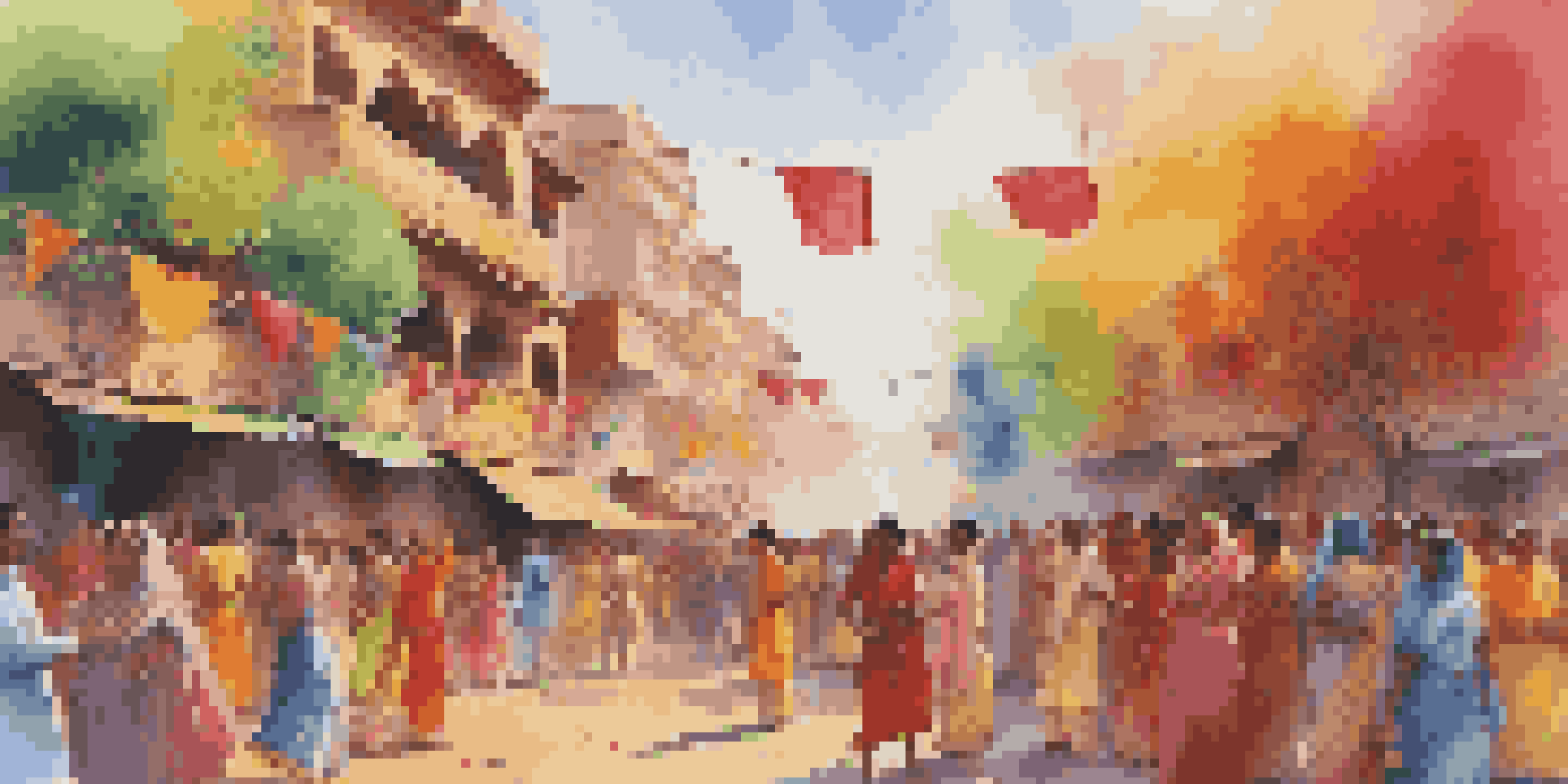 A lively street scene during the Holi festival, with people throwing colorful powders, wearing traditional clothing, and surrounded by decorations.
