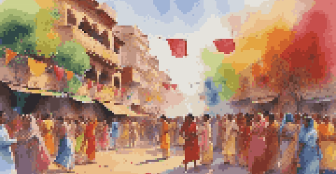 A lively street scene during the Holi festival, with people throwing colorful powders, wearing traditional clothing, and surrounded by decorations.