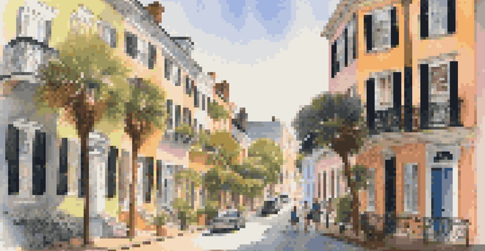 A scenic view of Charleston's Historic District with colorful historic homes and cobblestone streets under warm sunlight.