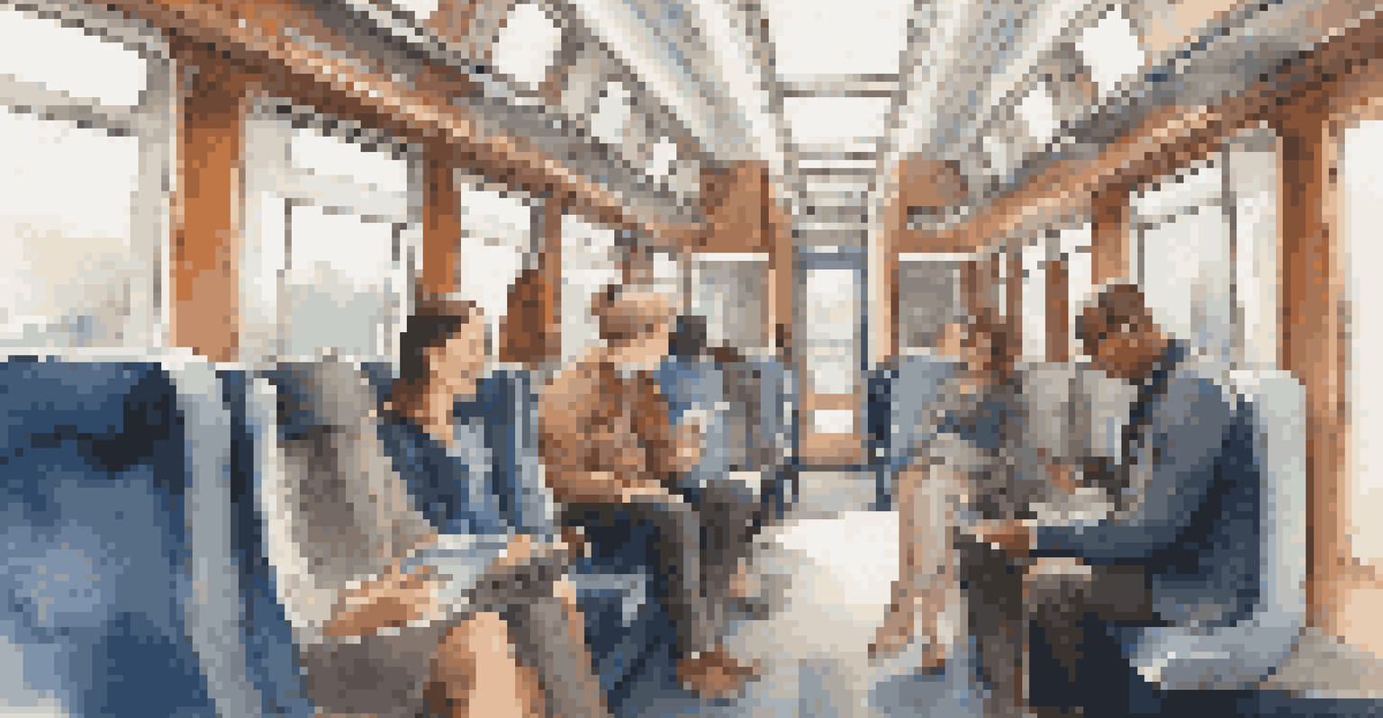 A modern train interior with spacious seating, passengers using Wi-Fi and charging ports, and a bright, welcoming atmosphere.
