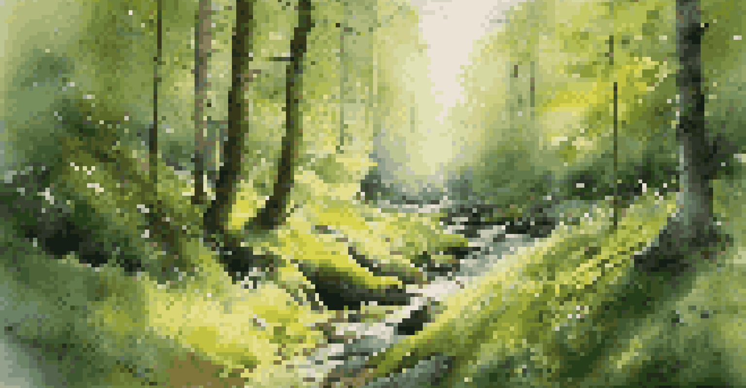 A serene view of Bøverdalen Valley in Norway, filled with dense green trees and soft moss on the forest floor, illuminated by dappled sunlight.