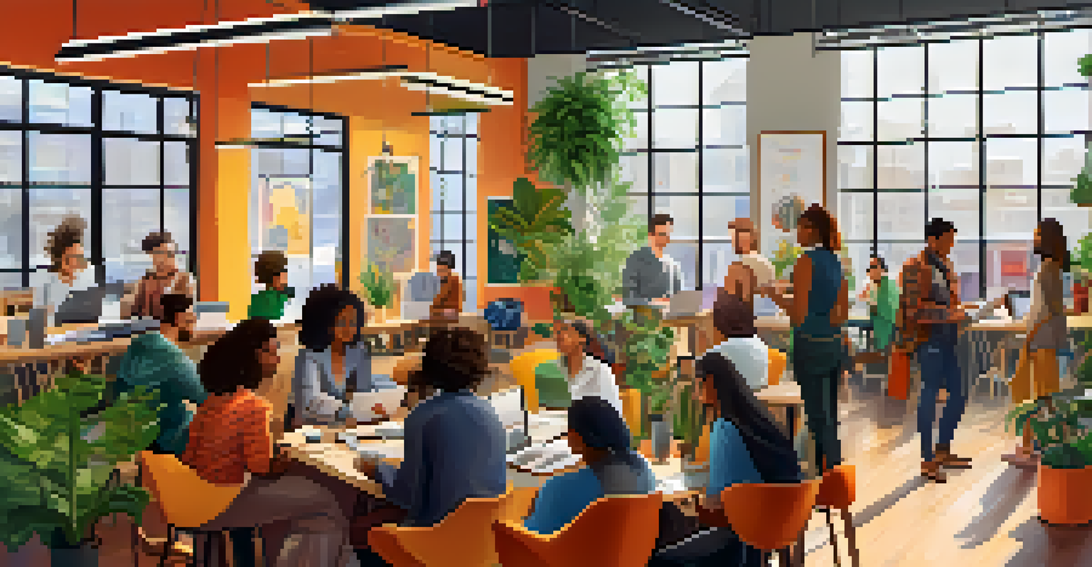 A busy co-working space with diverse individuals collaborating and working together.