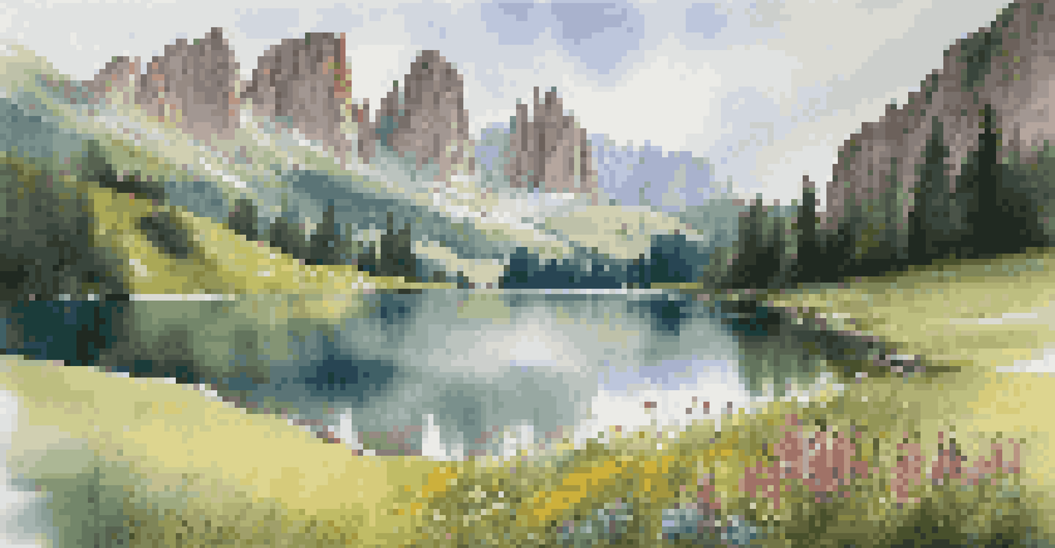 A picturesque alpine meadow in the Dolomites with colorful flowers, towering cliffs, and a serene lake under soft sunlight.