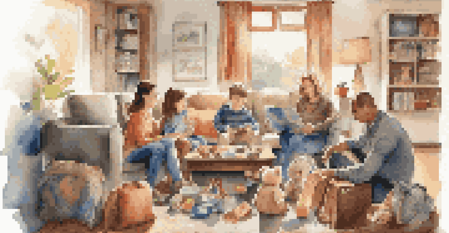 A family happily packing for a trip in a bright living room.