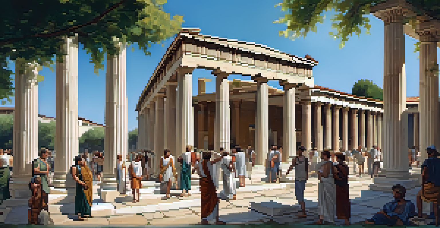 A lively depiction of the Ancient Agora in Athens, featuring citizens in discussion and the Stoa of Attalos surrounded by greenery.