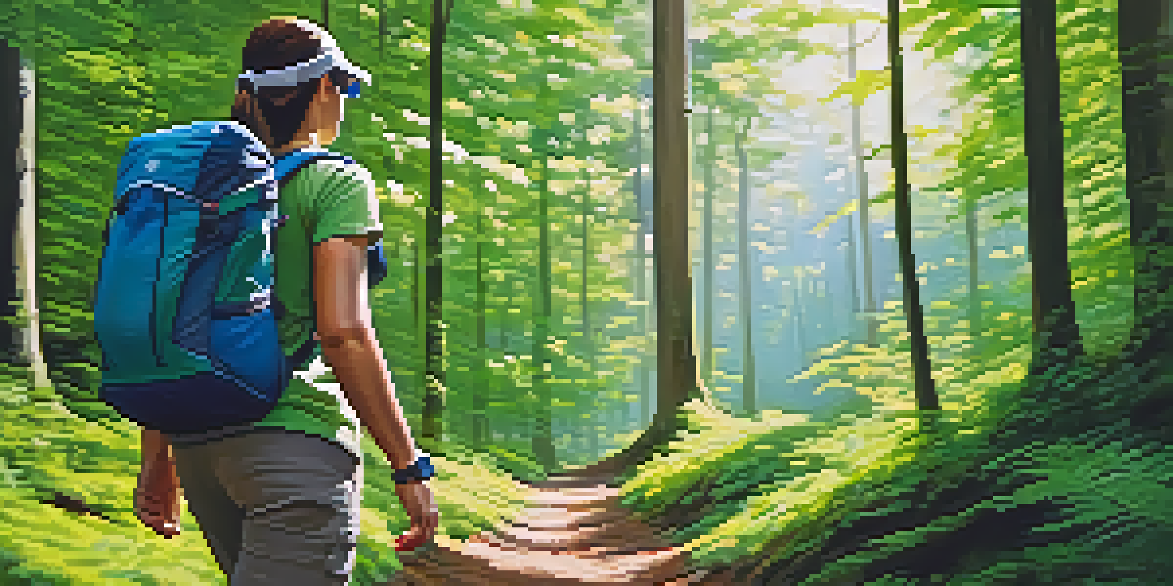 A hiker using a smartwatch for navigation in a green forest, with sunlight shining through the trees.