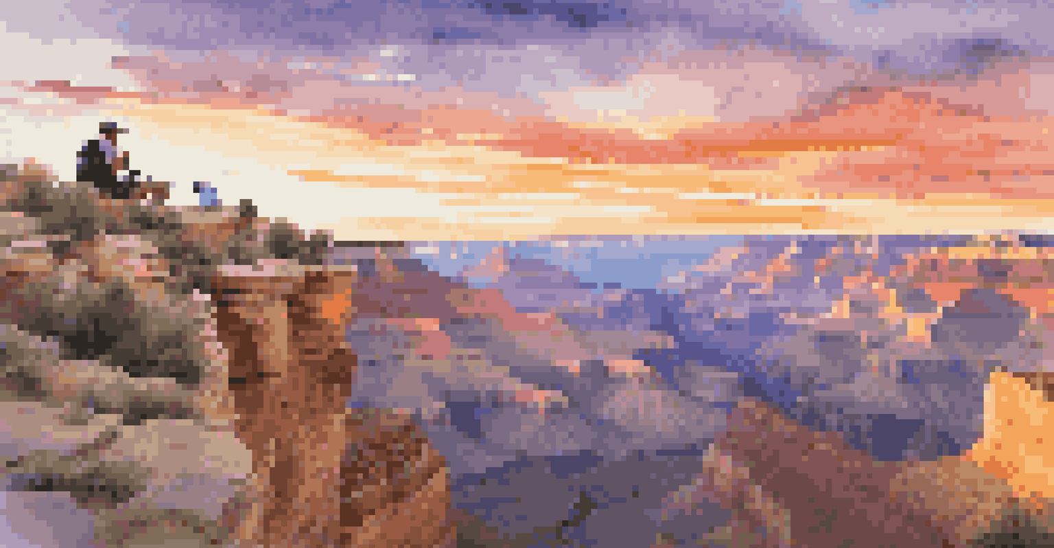 A sunset over the Grand Canyon with vibrant colors and a silhouette of a photographer.