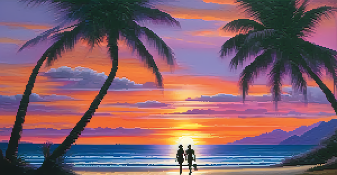 A serene beach at sunset with palm trees, colorful sky, and a couple walking on the shore.
