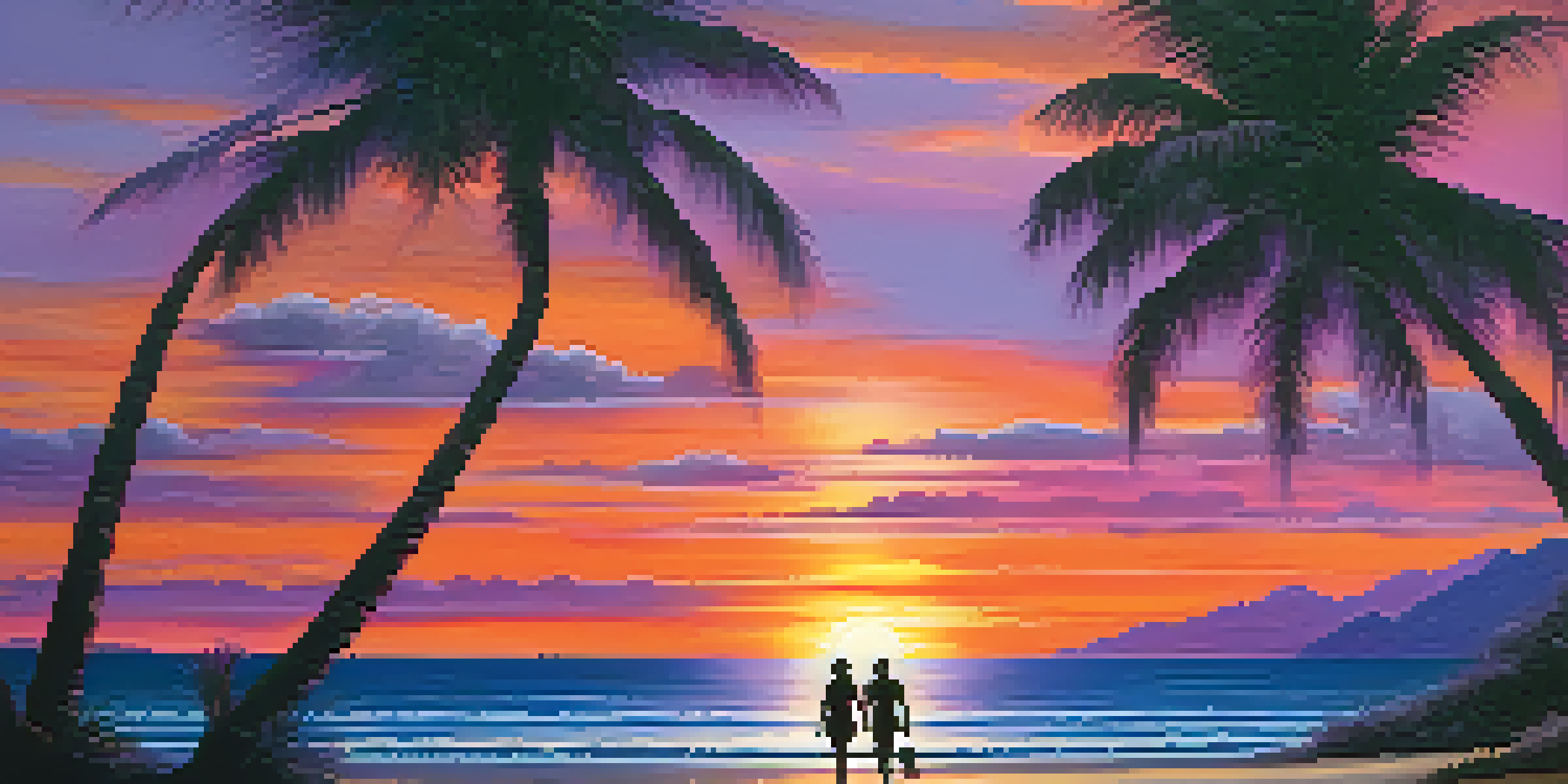 A serene beach at sunset with palm trees, colorful sky, and a couple walking on the shore.