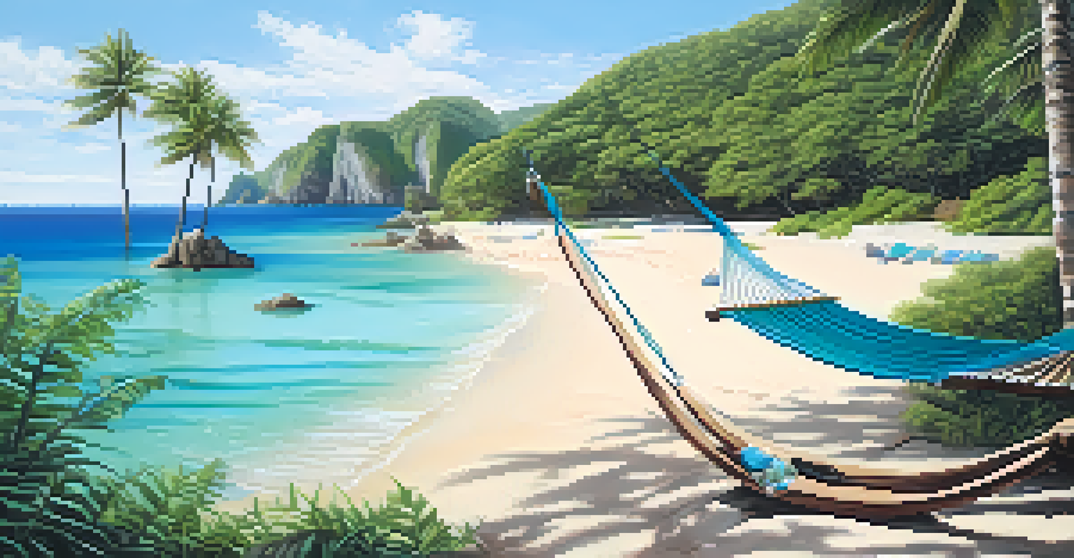 A hidden tropical beach with turquoise waters, lush cliffs, and a hammock between palm trees.