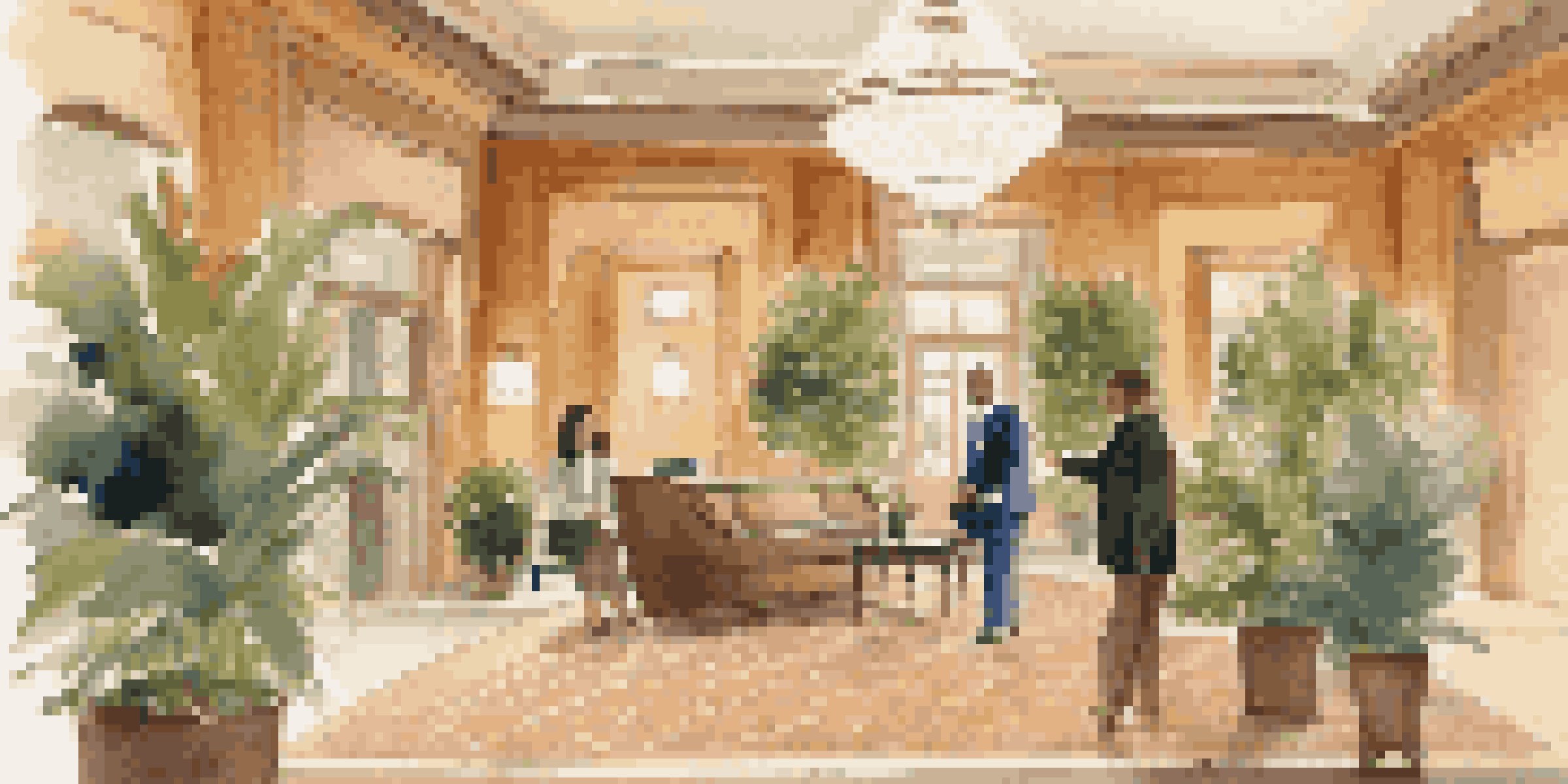 A hotel lobby with a receptionist and a smiling guest, warm lighting, and elegant decor.