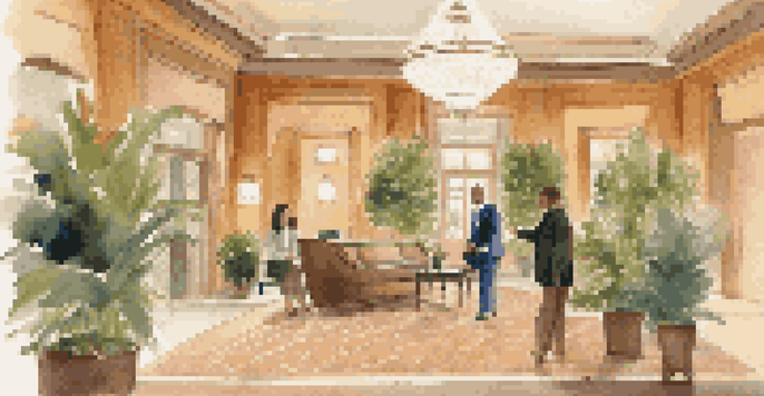 A hotel lobby with a receptionist and a smiling guest, warm lighting, and elegant decor.