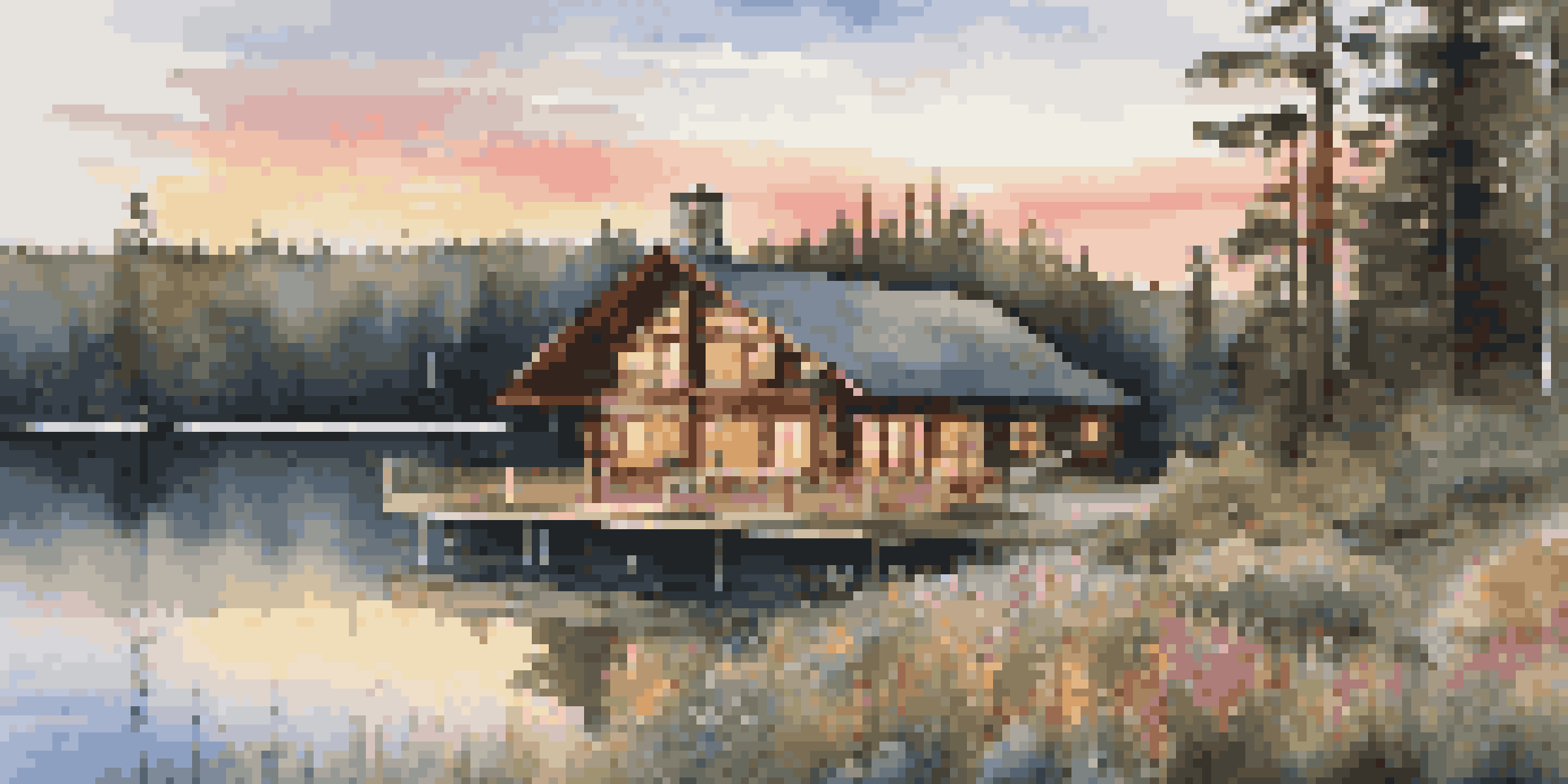 A wooden lodge surrounded by pine trees and a lake, illuminated by the warm colors of sunrise with flowers in the foreground.