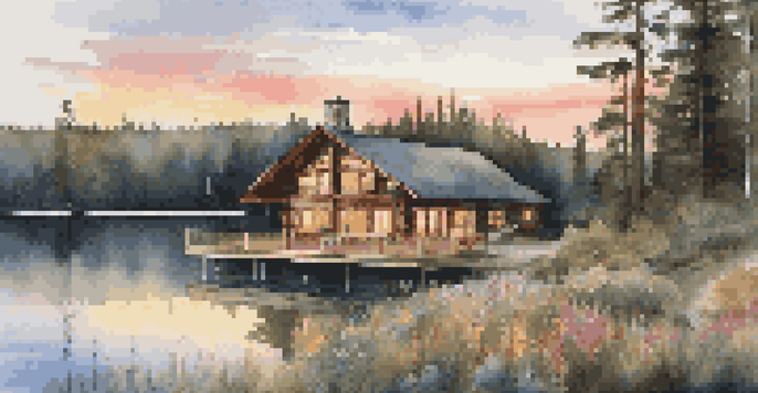 A wooden lodge surrounded by pine trees and a lake, illuminated by the warm colors of sunrise with flowers in the foreground.