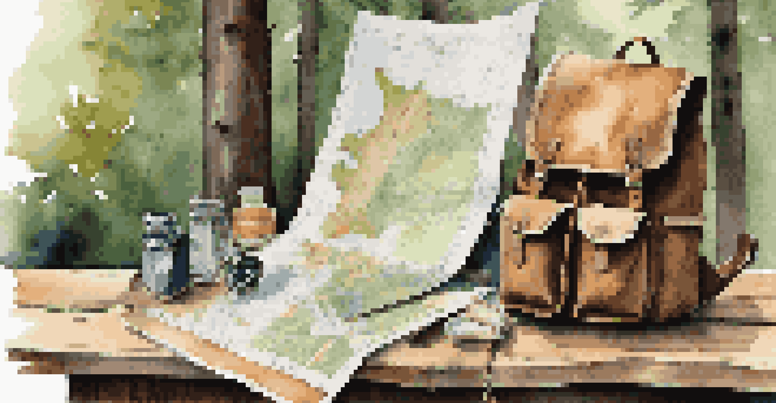 A backpack, map, and compass arranged on a wooden table, with sunlight filtering through trees, showcasing the details of the items.