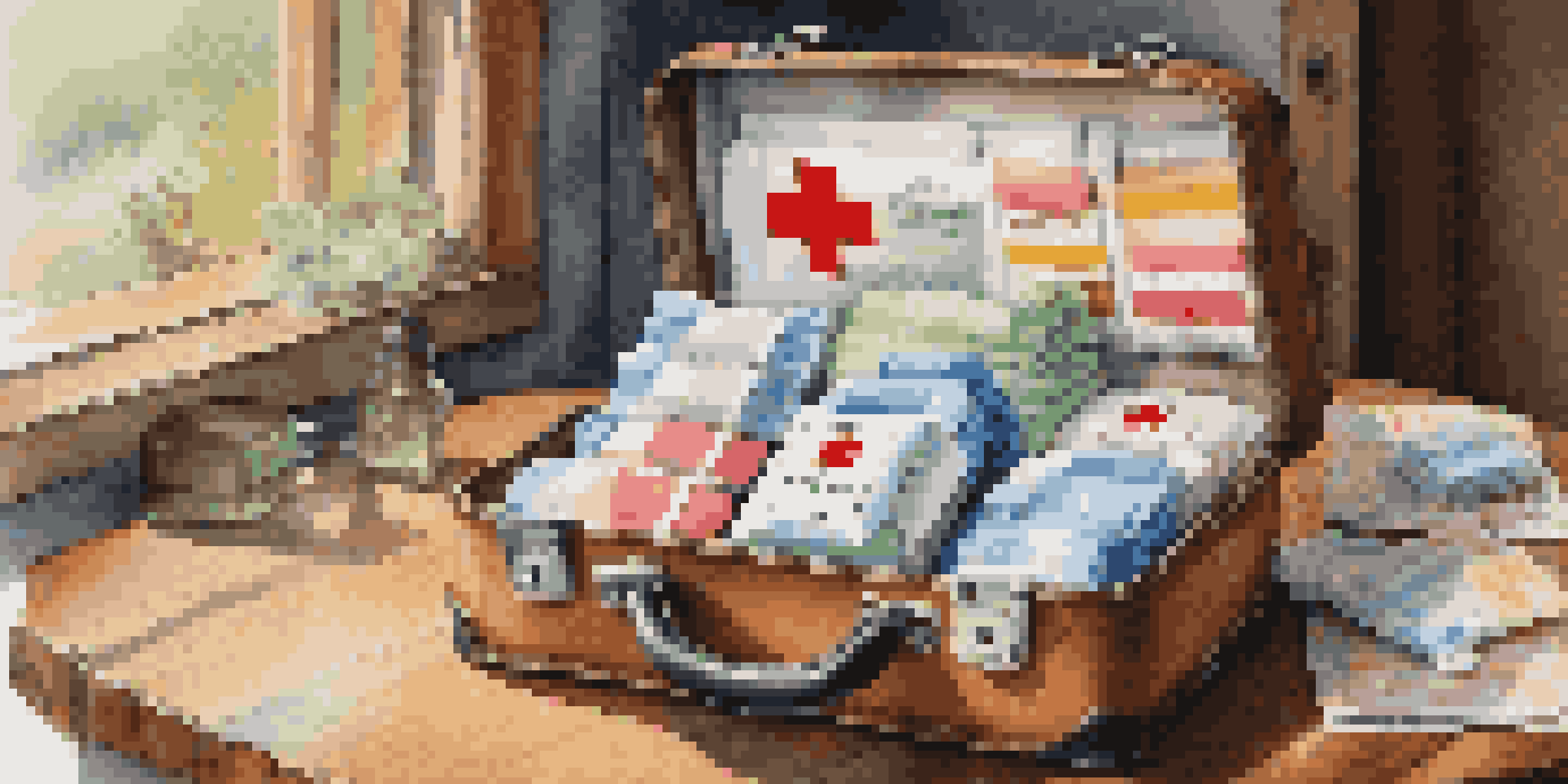 A well-stocked first-aid kit on a wooden table with various medical supplies, illuminated by soft natural light.