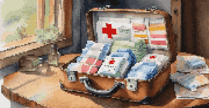 A well-stocked first-aid kit on a wooden table with various medical supplies, illuminated by soft natural light.