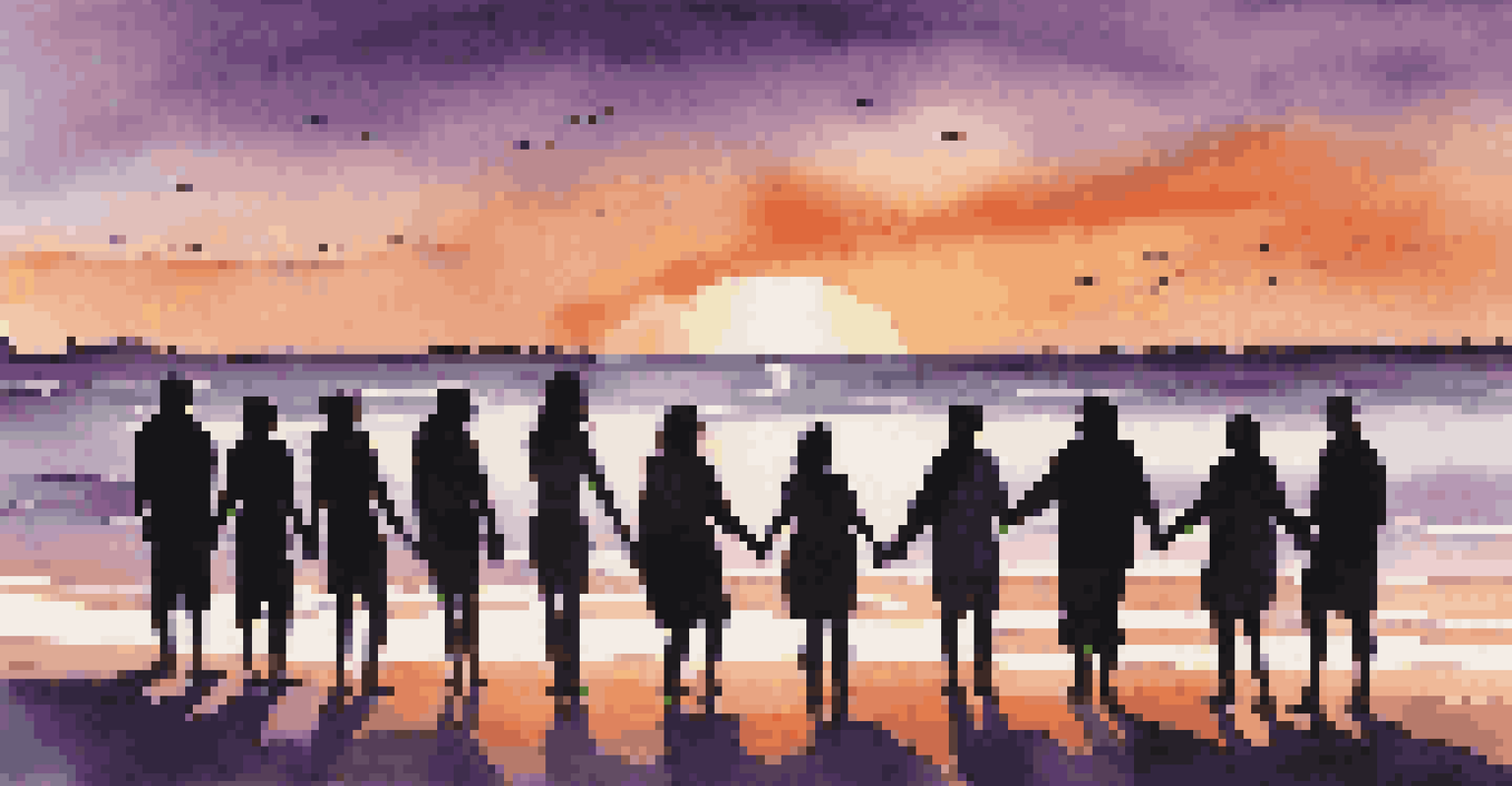 A sunset view from a beach with friends enjoying a bonfire, creating a sense of community and belonging.