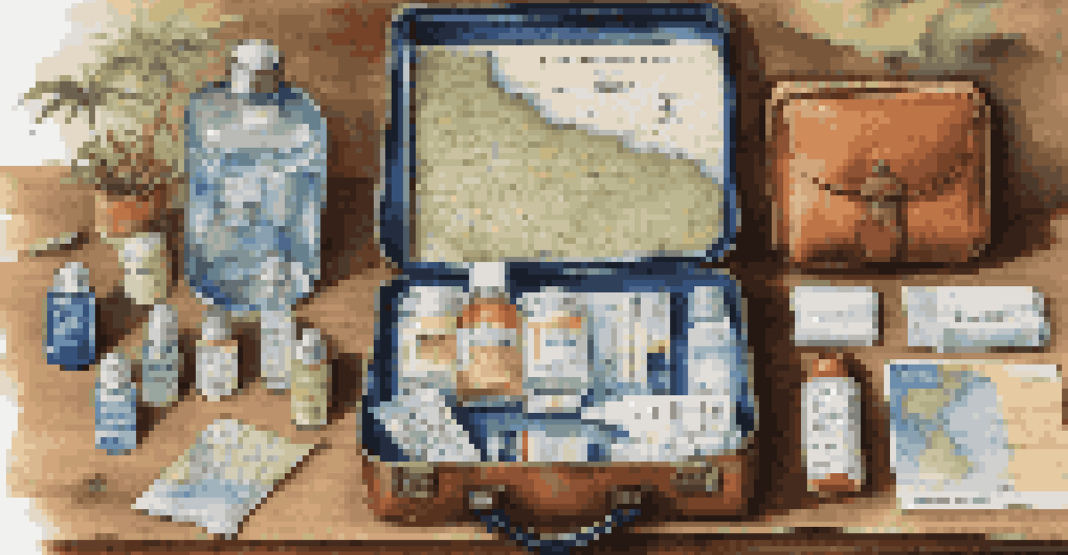 A travel health kit with hand sanitizer and antacids on a wooden table, accompanied by a map and passport.