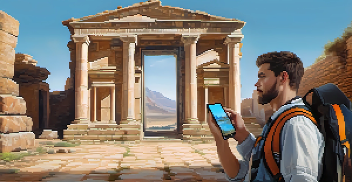 A traveler using their smartphone to view augmented reality information in front of an ancient ruin, with digital overlays enhancing the historical context.