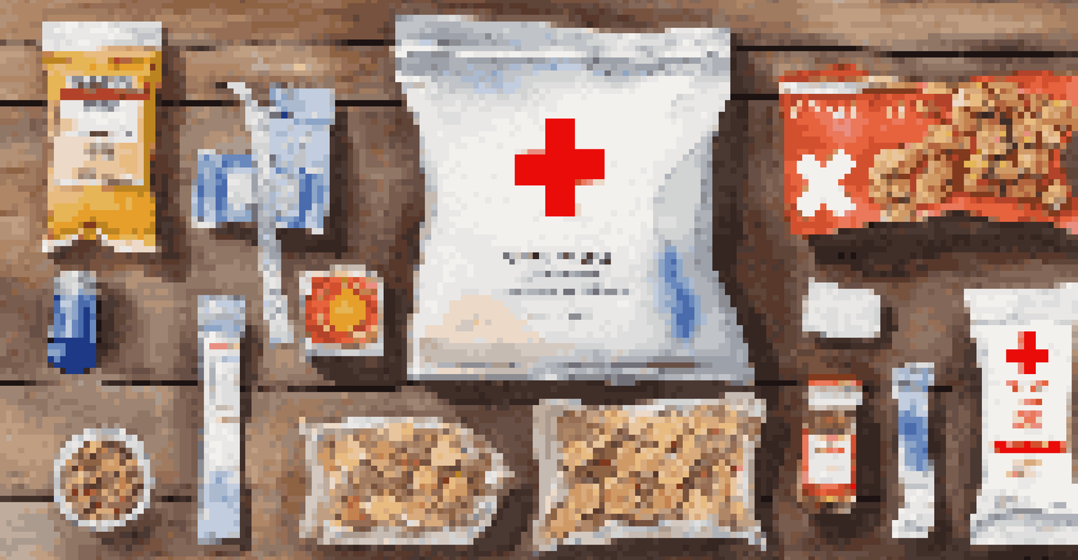 An organized first aid kit opened on a table with various medical supplies and healthy snacks laid out nearby.