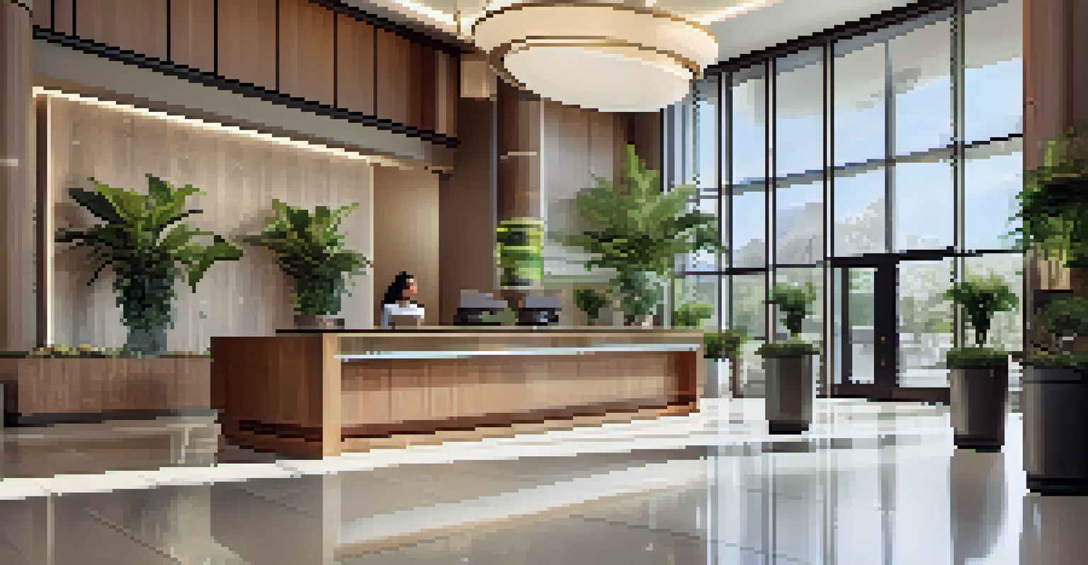 A modern hotel lobby with a clean design, featuring social distancing markers and a contactless check-in kiosk, illuminated by natural light.