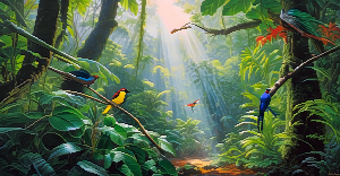 A colorful tropical rainforest with green plants, birds, and sunlight filtering through the trees.