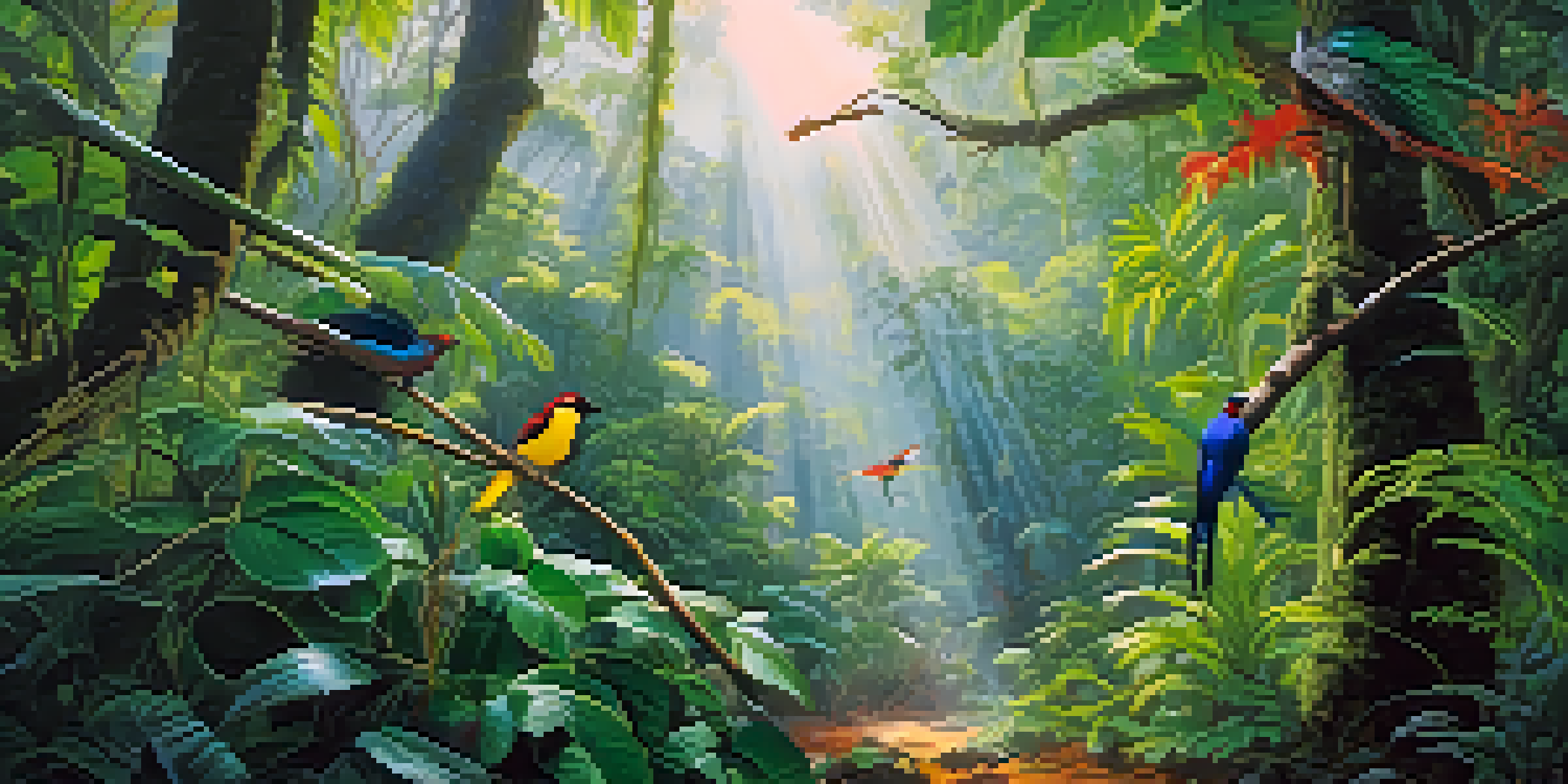 A colorful tropical rainforest with green plants, birds, and sunlight filtering through the trees.