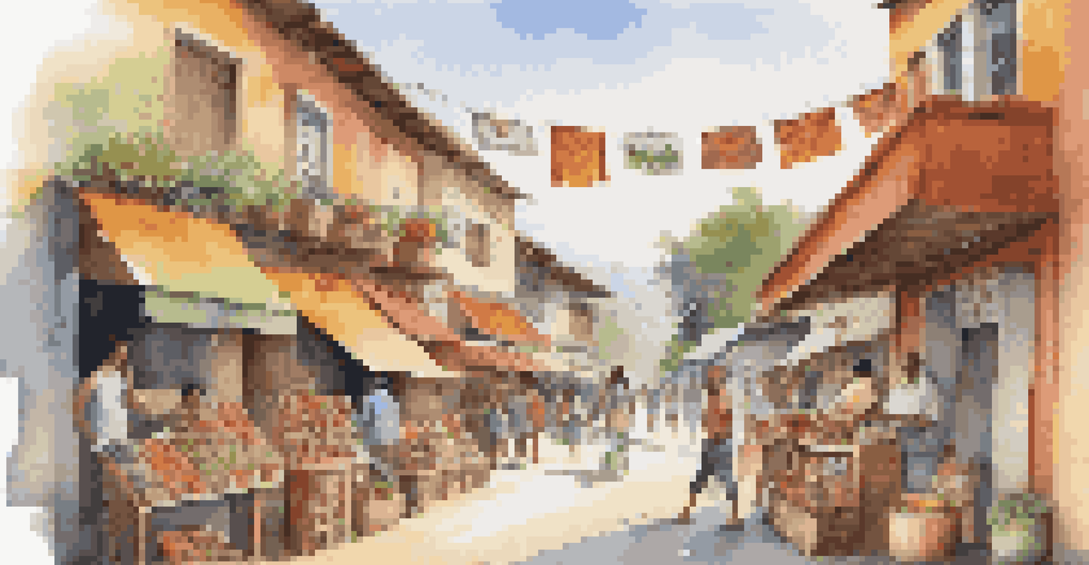 A charming street with small shops offering fair trade products, featuring vibrant signs and happy shoppers interacting with vendors.