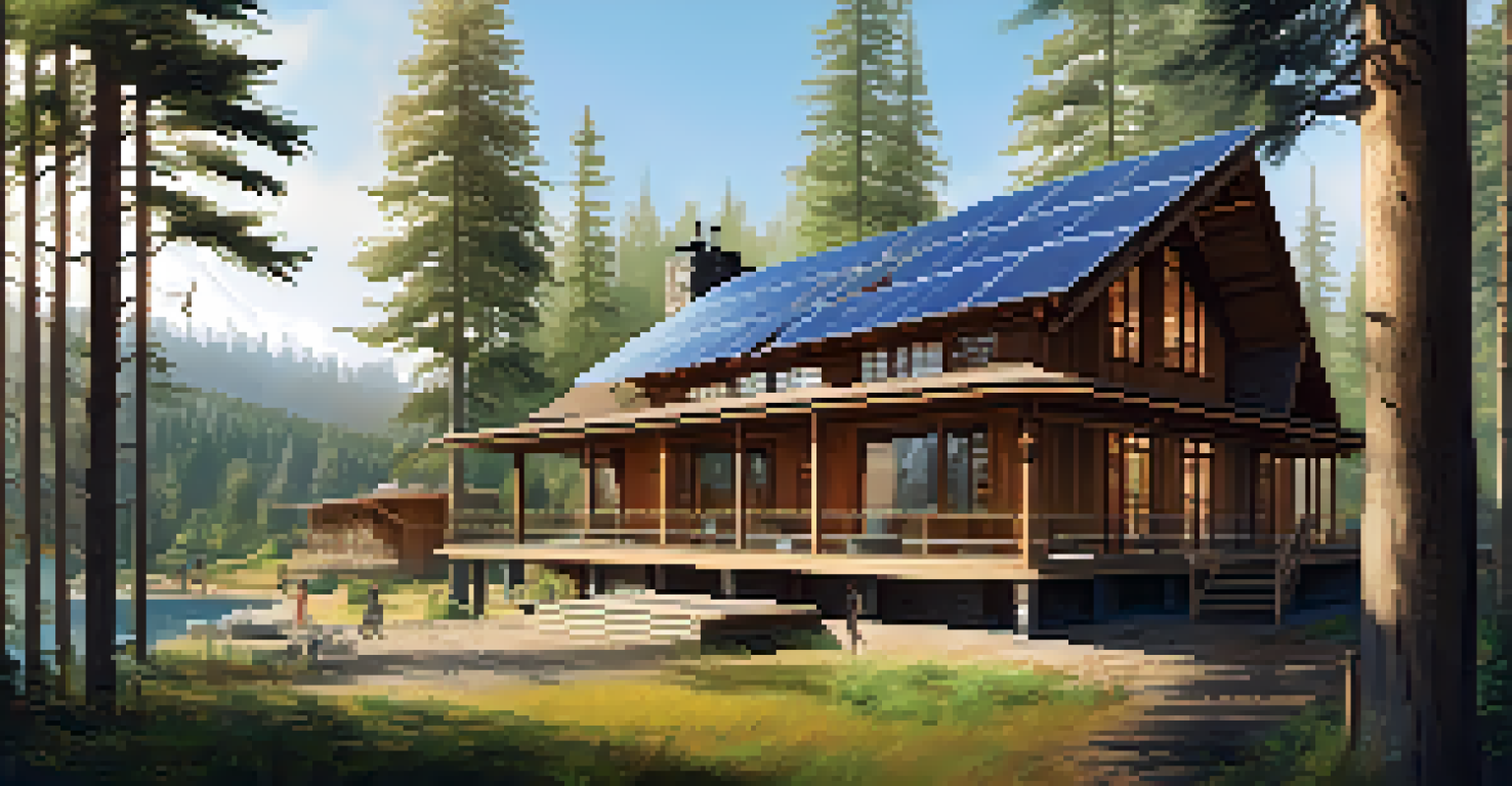 An eco-friendly lodge in a national park, featuring wooden architecture and solar panels, set against a backdrop of trees and blue sky.