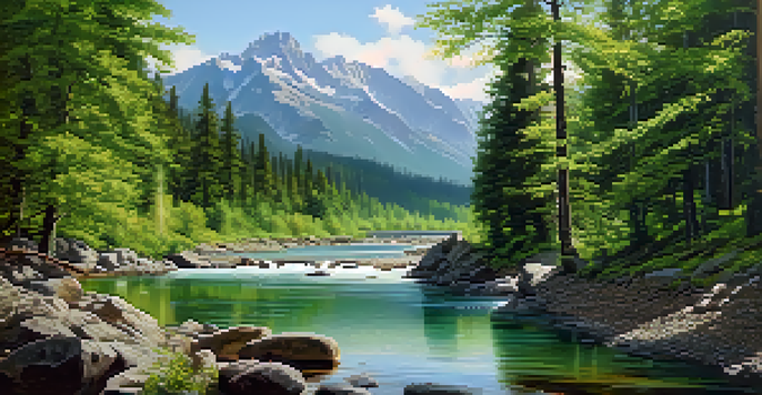 A peaceful forest scene with a flowing river, sunlight filtering through leaves, and a wooden bridge over the water.