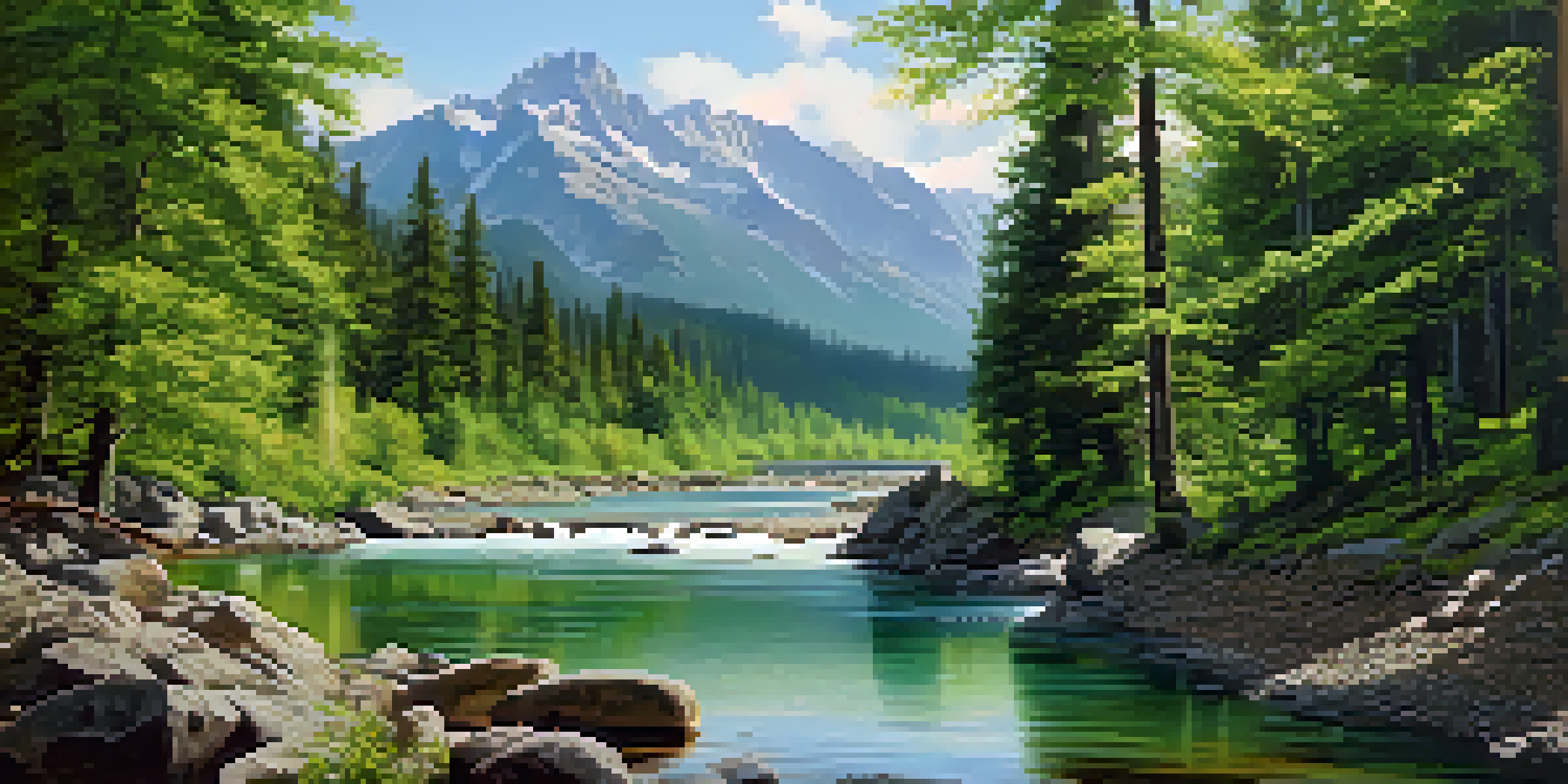 A peaceful forest scene with a flowing river, sunlight filtering through leaves, and a wooden bridge over the water.