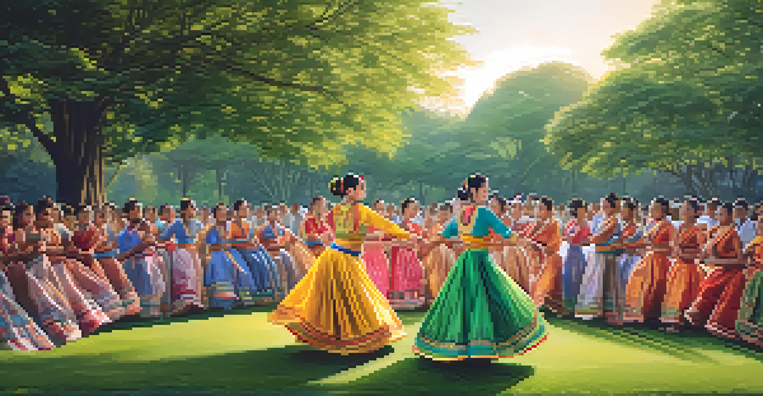 Traditional dancers performing in a green park during golden hour, with an engaged audience.